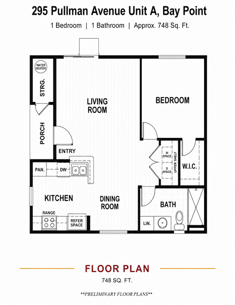 Floor plan for 1 bed, 1 bath, 748 sqft